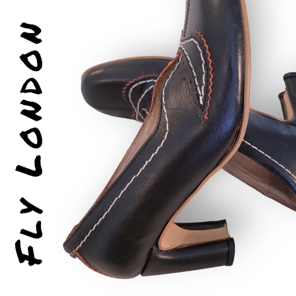 Fly London Red Trim White Stitched Black Leather Heels - Picture 7 of 7